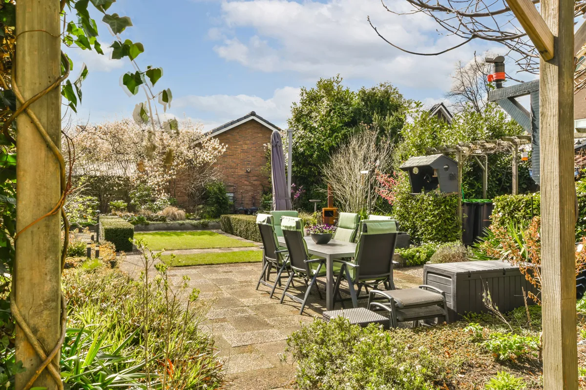 Patio with table in a garden