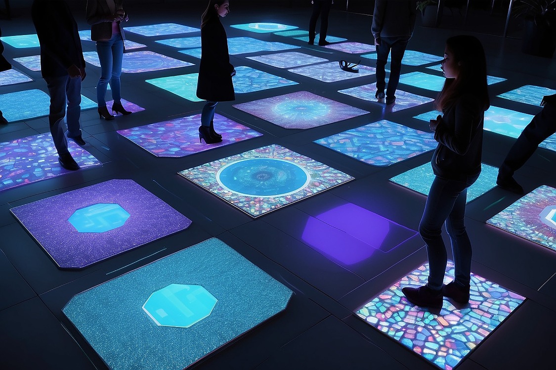 više osoba stoji na interaktivnom podu, koji menja svoje boje prilikom njihovog pokretanja