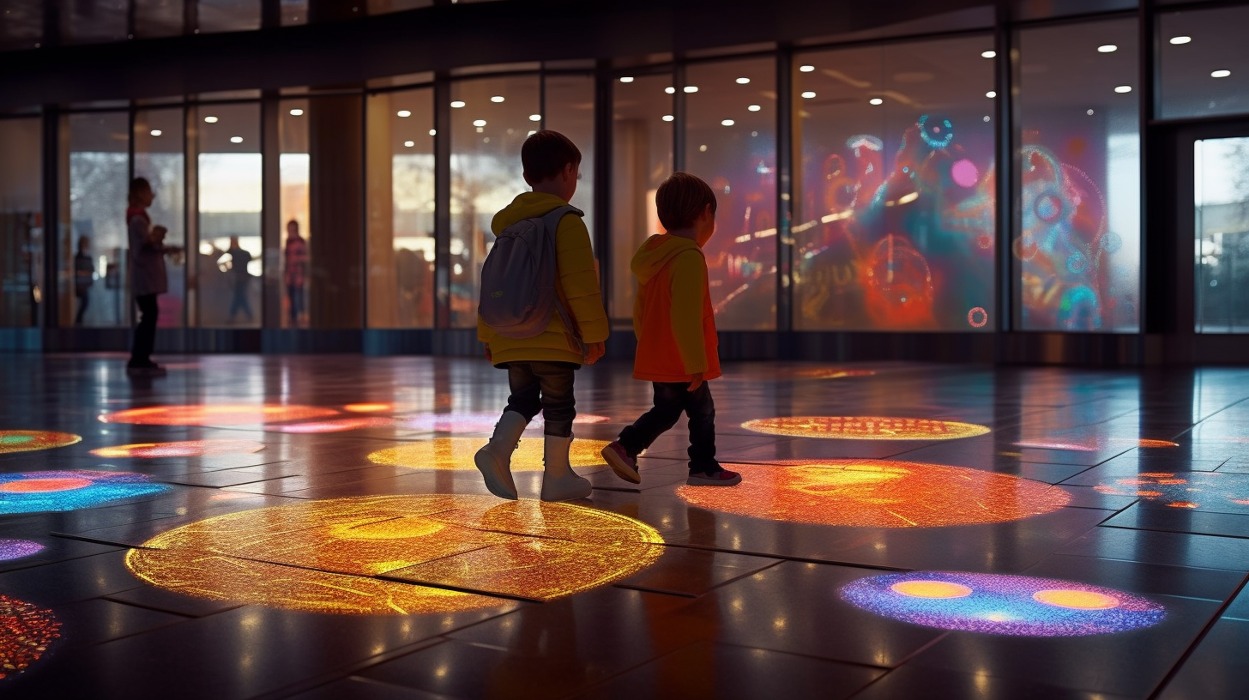 deca se zabavljaju kretanjem po podu koji menja boju aplikacija krugova